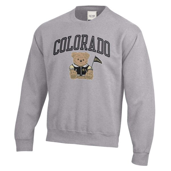 Gray crewneck sweatshirt with the word "Colorado" in large black outlined letters across the chest and an illustration of a teddy bear wearing a black Colorado Buffaloes jersey holding a black pennan